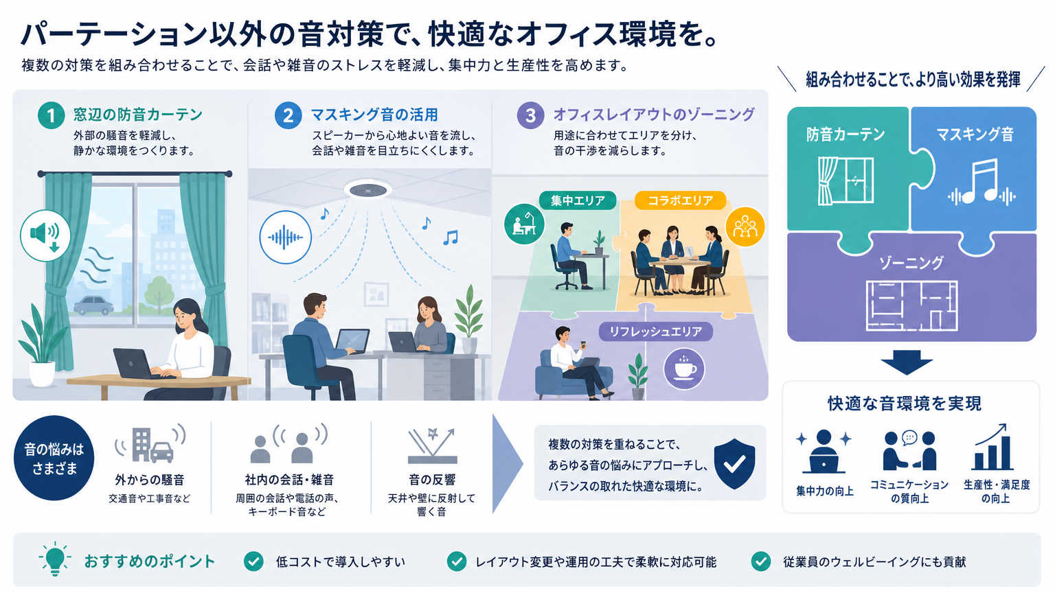 パーテーション以外で組み合わせたい集中を妨げる音対策