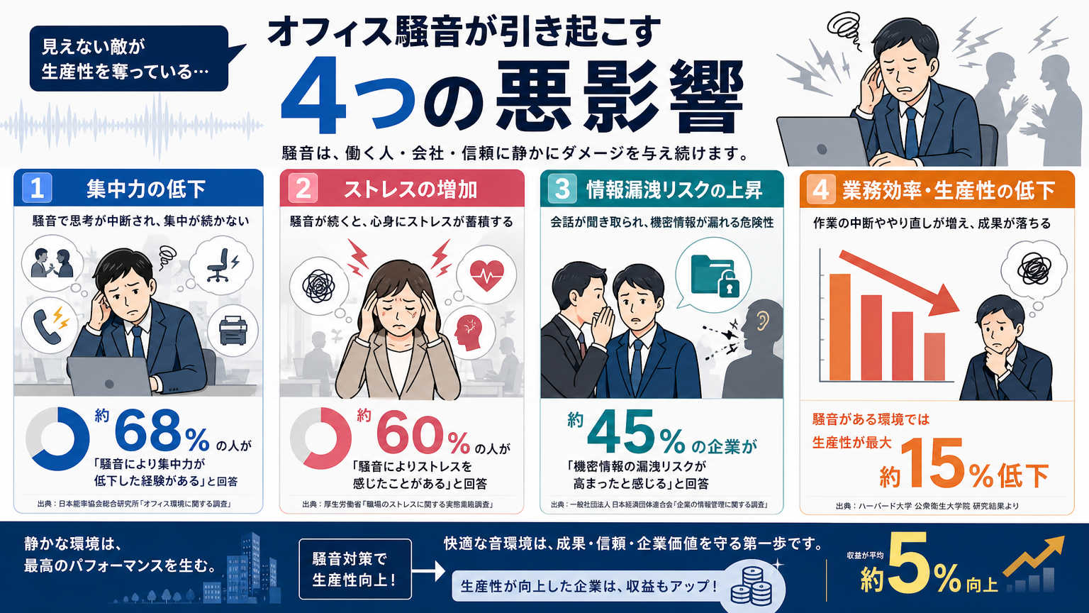 オフィス騒音の原因が引き起こす悪影響